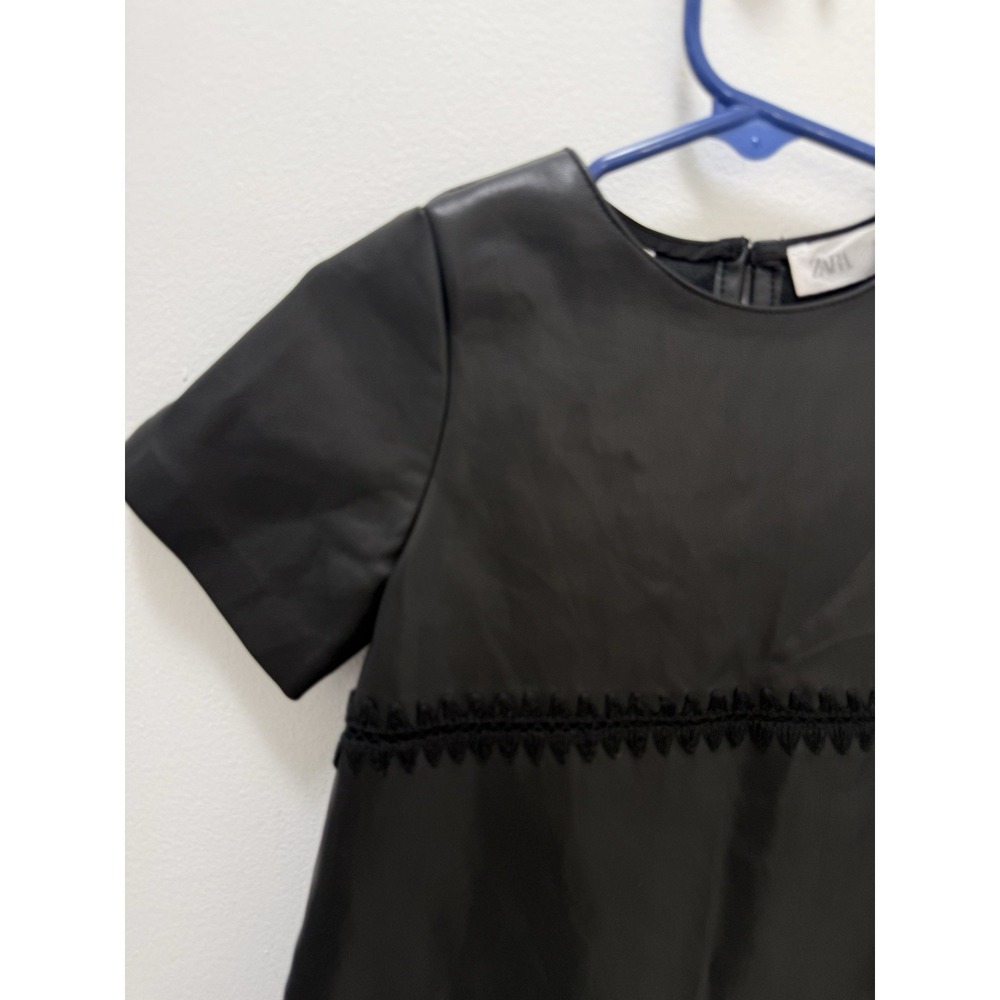 ZARA Girls Black Faux Leather Dress – Size 2-3 Years – Short Sleeve A-Line - Picture 2 of 9